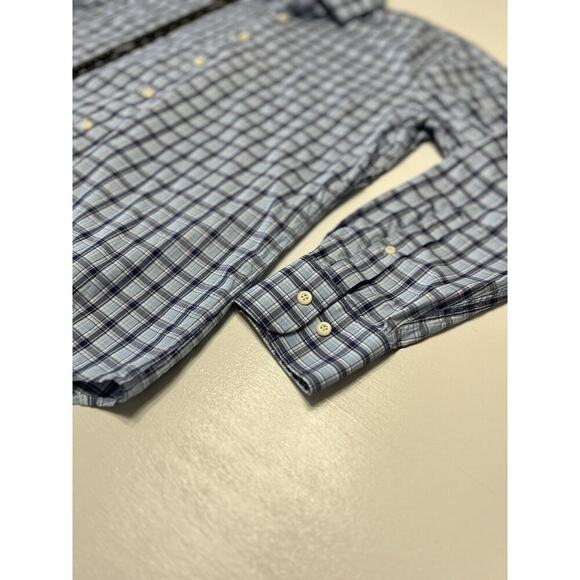 Peter Millar Shirt Mens Large Button Up Navy, White, Light Blue Plaid EUC Golf - Picture 6 of 9